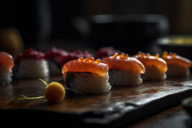 Sushi on a wooden board with a pink ball on top