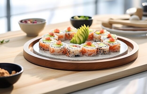 суши на деревянной круглой тарелке на белом деревянном столе
