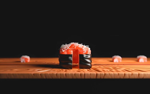 Sushi on a wooden table with a black background