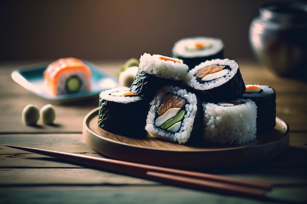 Sushi on a wooden table with a plate of food