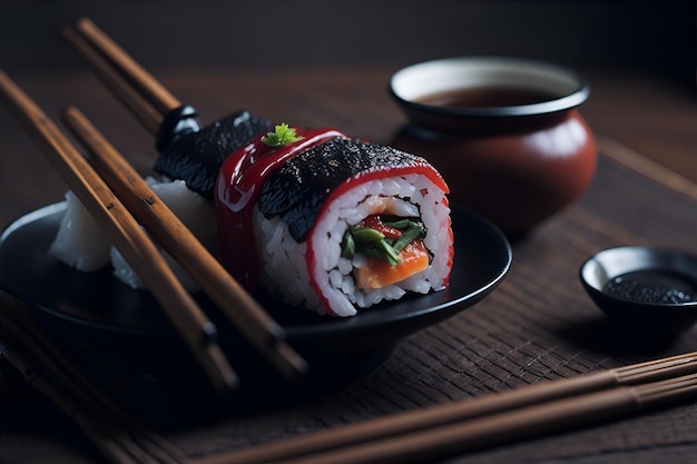 Sushi on wooden table with teapot