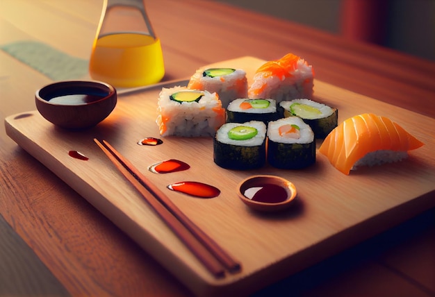 Sushi on a wooden tray with a bottle of soy sauce