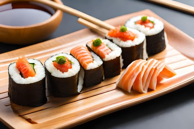 Sushi on a wooden tray with a bowl of soy sauce