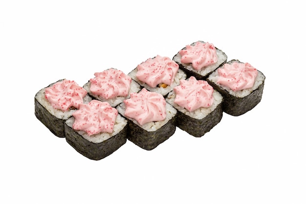 Sushibroodjes met zeevruchten en groenten. Beschilderd met veelkleurige saus van zachte kaas.