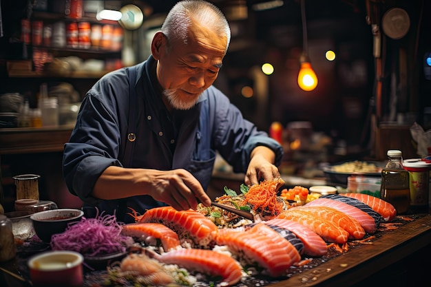 Sushiman skilled in Tokyo creates gastronomic art under vibrant neoons generative IA