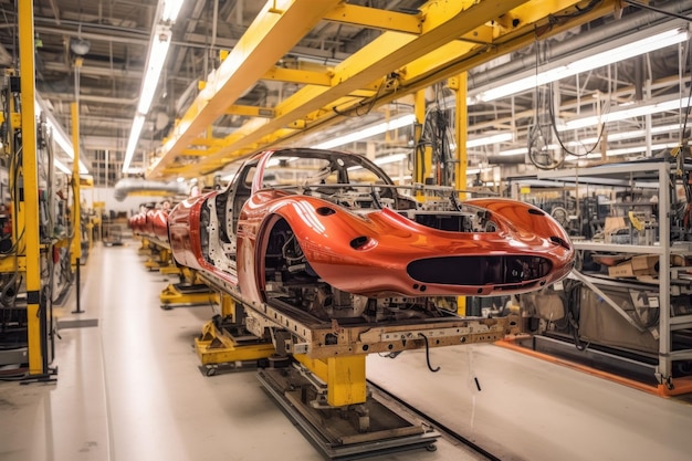 Suspended car chassis moving along assembly line