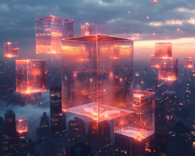 Foto cubi di vetro sospesi contro uno skyline della città a fuoco morbido i cubi sembrano galleggiare contro l'urbano