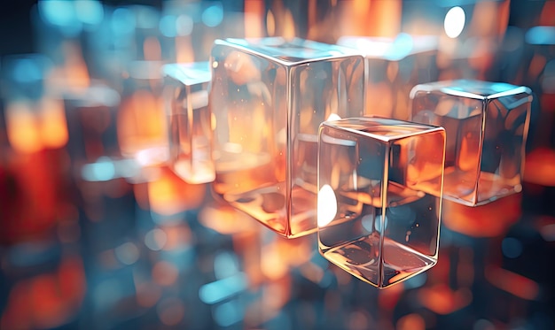 Подвешенные стеклянные кубики в воздухе на синей отражающей сцене AI Generative