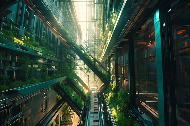 Suspended glass walkways linking towering green ecoskyscrapers