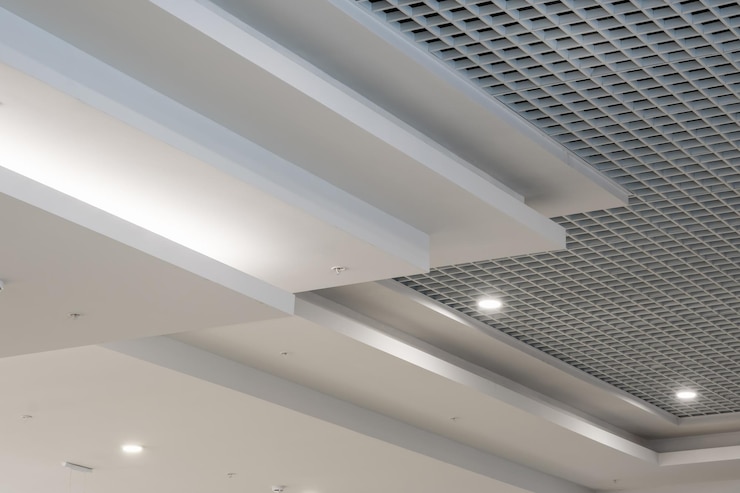 Photo suspended and grid ceiling with halogen spots lamps and drywall construction in empty room in store or house stretch ceiling white and complex shape