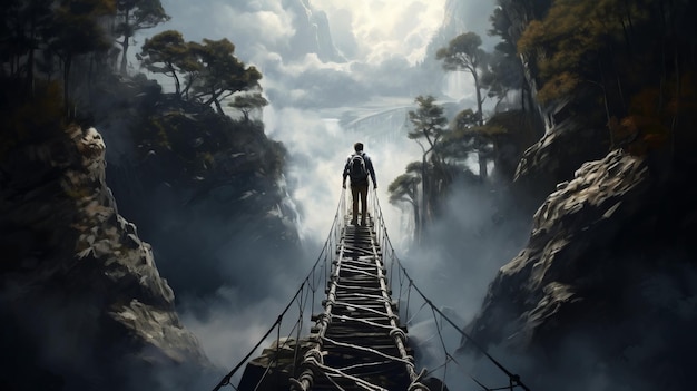 Suspended in Suspense Captivating Rear View of an Adventurous Individual on a Swinging Rope Bridge Hovering Above a Profound Chasm with a Rapidly Streaming River AI generative