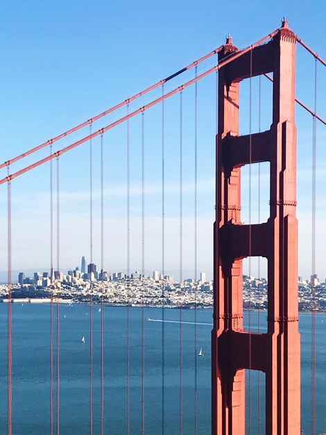 Suspension bridge in city against clear sky