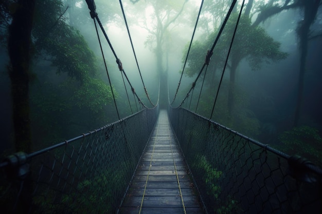 A suspension bridge in the foggy jungle Generative AI illustration