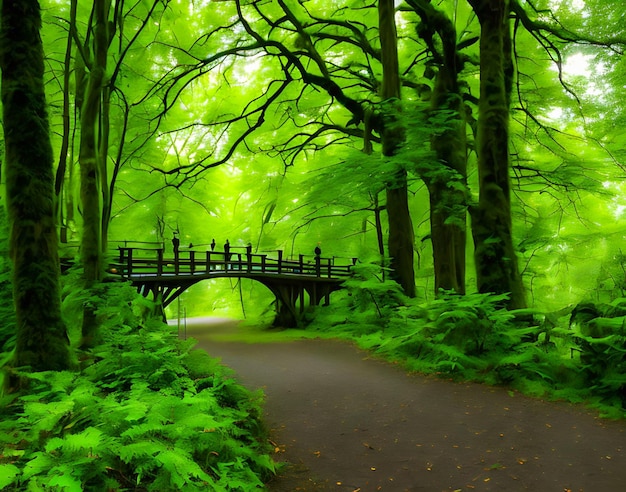 Suspension bridge in the green forest Nature landscape