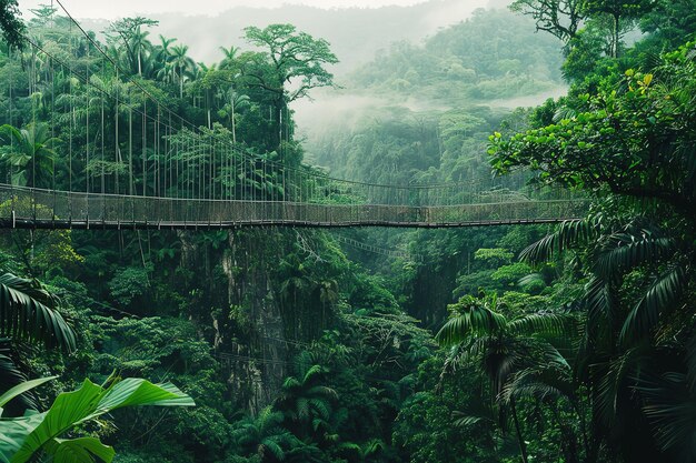 Suspension bridge in a lush green forest