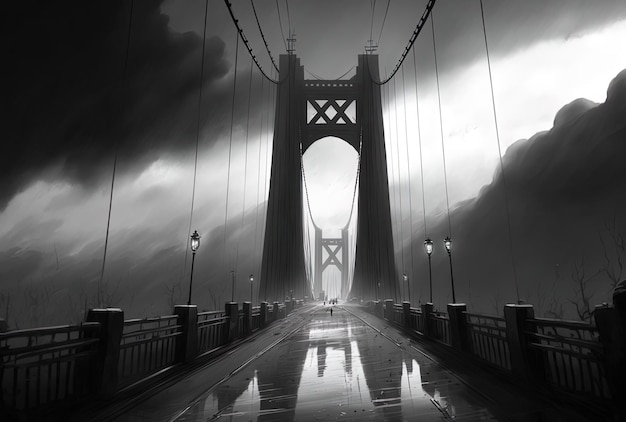 A suspension bridge may be seen in a vertical grayscale image beneath an overcast sky