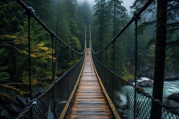 A suspension bridge over a river in a forest