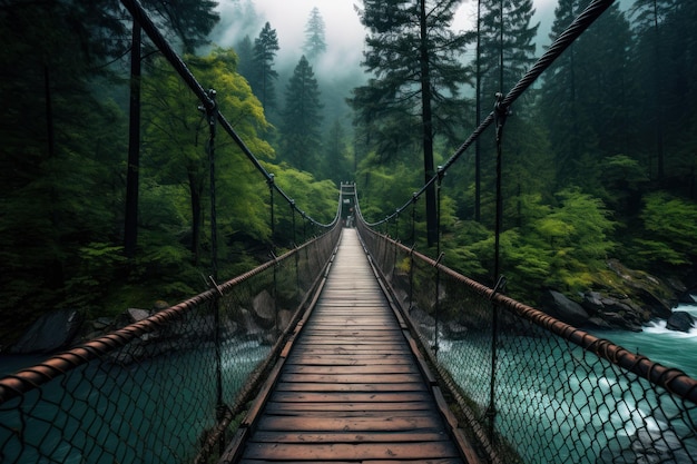 A suspension bridge over a river in a forest