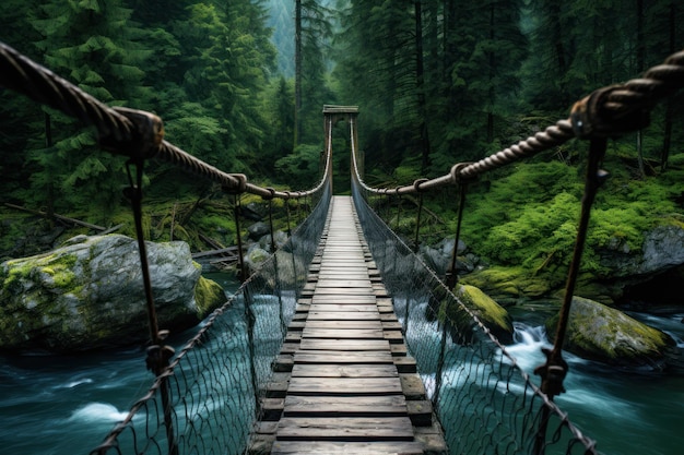 A suspension bridge over a river in a forest