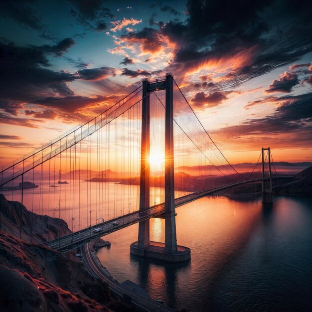 A suspension bridge spans across a body of water with a sunset in the background and orange and pin