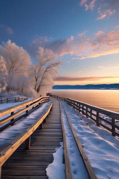 Suspension bridge with snow fog at the river