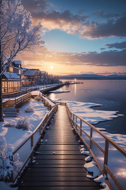 Photo suspension bridge with snow fog at the river