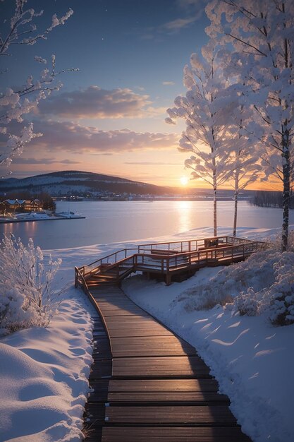 Photo suspension bridge with snow fog at the river