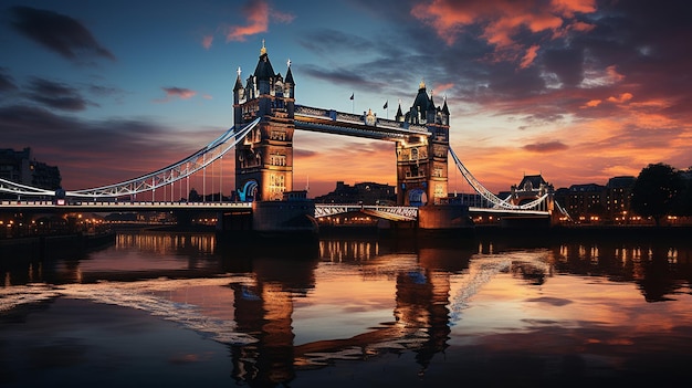 Photo suspension bridge with the sun setting behind it