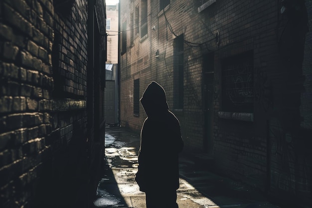 Photo suspicious figure in hooded jacket in dark alleyway generative ai