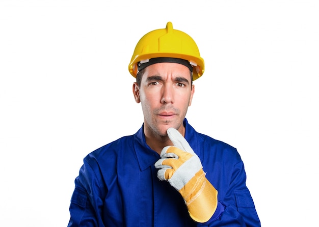 Suspicious worker on white background