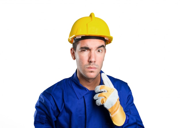 Suspicious worker on white background