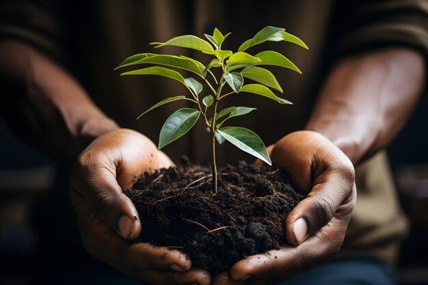 Photo sustainability and environment with hand and plant