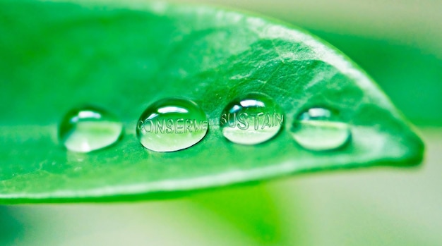 Sustainability water drop and environment with leaf of trees for summer forest and rain condensation Growth garden and spring with bubble of morning dew on plant for ecology nature and conserve