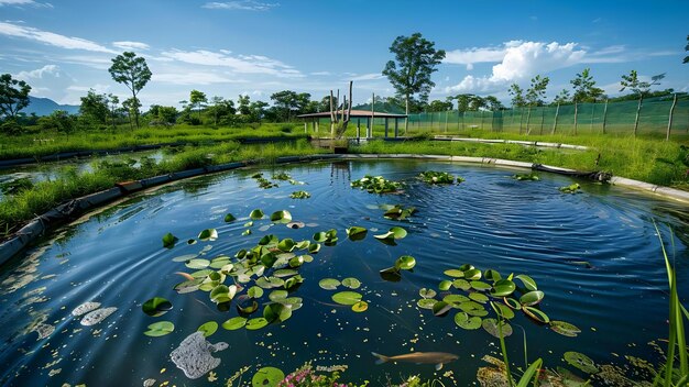 Photo sustainable aquaculture farm with fishfilled ponds demonstrating innovative practices and technology concept aquaculture farming sustainable practices innovative technology fishfilled ponds