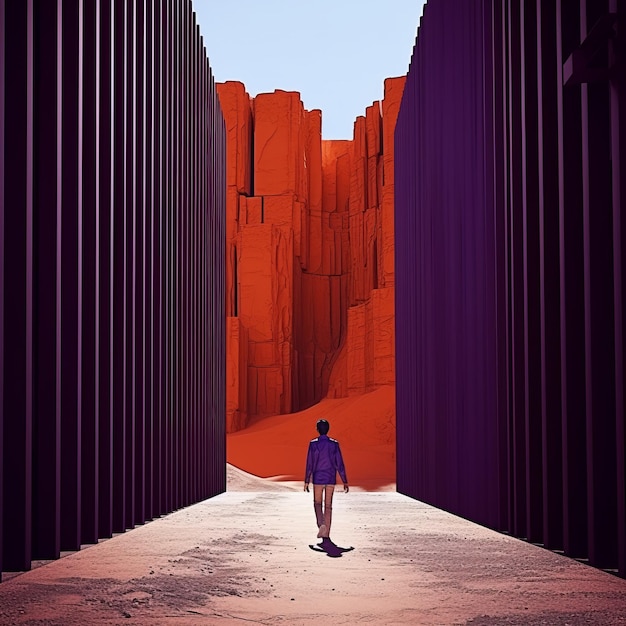 Sustainable Architecture Boy Walking Out Of A Narrow Canyon With Tall Wooden Gate