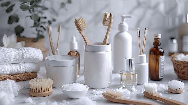 Photo sustainable bathroom accessories on a white background including bamboo toothbrushes natural bristle