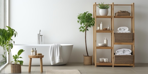 Photo sustainable bathroom interior with bath accessories and white towel on wooden shelf with potted plants eco friendly bathroom interior