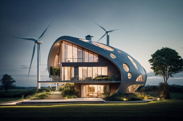 Sustainable building concept with house wind turbine and plant light bulbs of in futuristic style