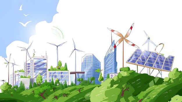 Sustainable City District with Renewable Energy Infrastructure and Modern Green Architecture