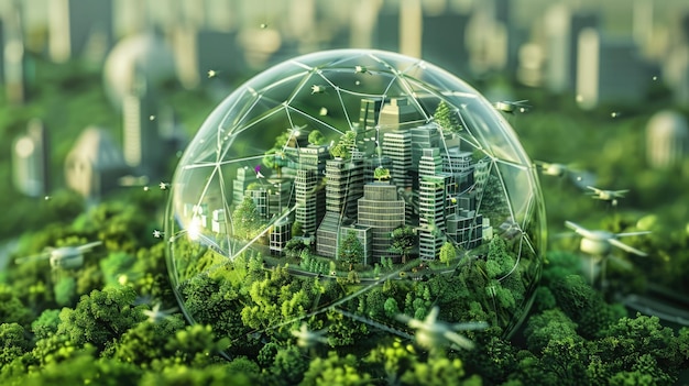 Sustainable city model in dome with drones tracking carbon footprint representing ecofriendly urban living Carbon footprint reduction technology