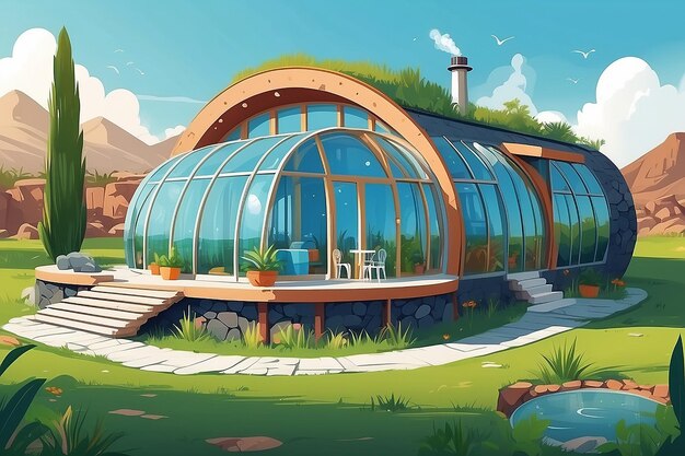 Sustainable earthship house made from recycled materials and renewable energy