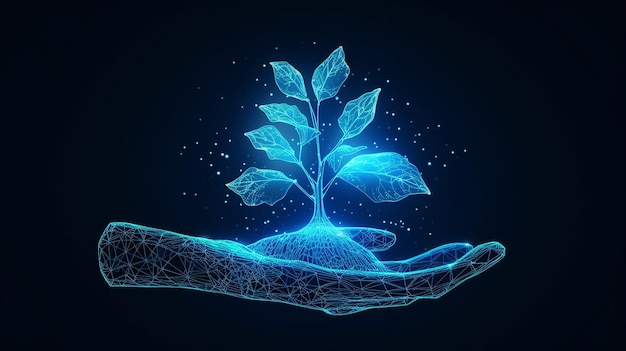 Sustainable Economy Concept Abstract Digital HandHolding Plant on Technological Blue Background