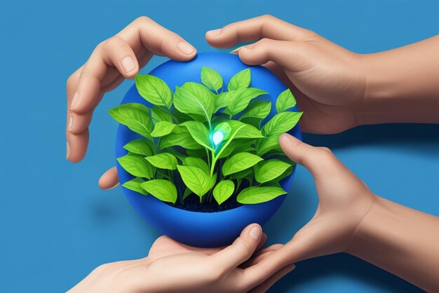 Photo sustainable economy concept abstract digital handholding plant on technological blue background