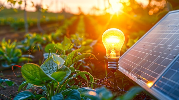 Sustainable Energy Concept with Light Bulb and Solar Panel in Agriculture Field at Sunset Clean Energy Inspiration and Innovation Nature Meets Technology AI