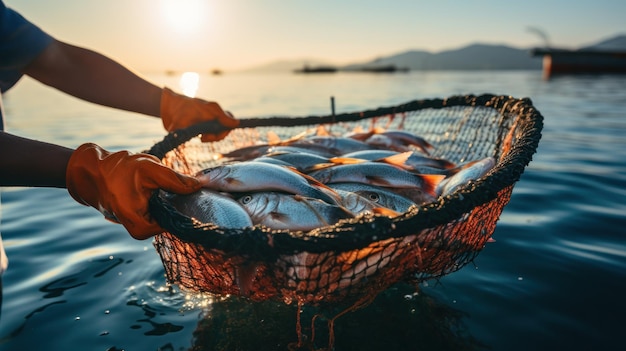 Foto pesca sostenibile un pescatore tiene in mano una rete con pesce fresco