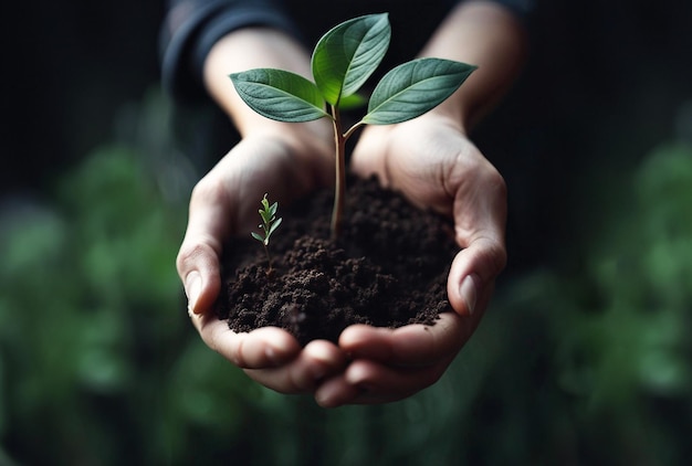 Foto giardinaggio sostenibile man holding plant with soil concept eco earth day