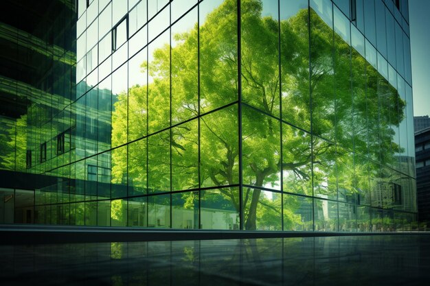 Sustainable glass building with green tree branches promoting ecoconsciousness