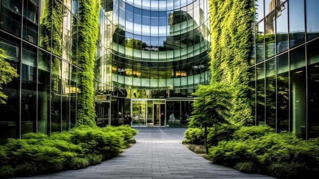 Фото Устойчивое зеленое здание экологически чистый стеклянный офис с деревьями для сокращения co2