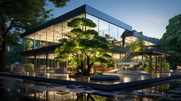 Sustainable green building Ecofriendly building with tree for reducing carbon dioxide Generative AI