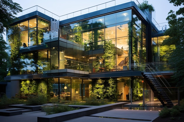 Sustainable green building Energy efficient building Sustainable glass office building with trees